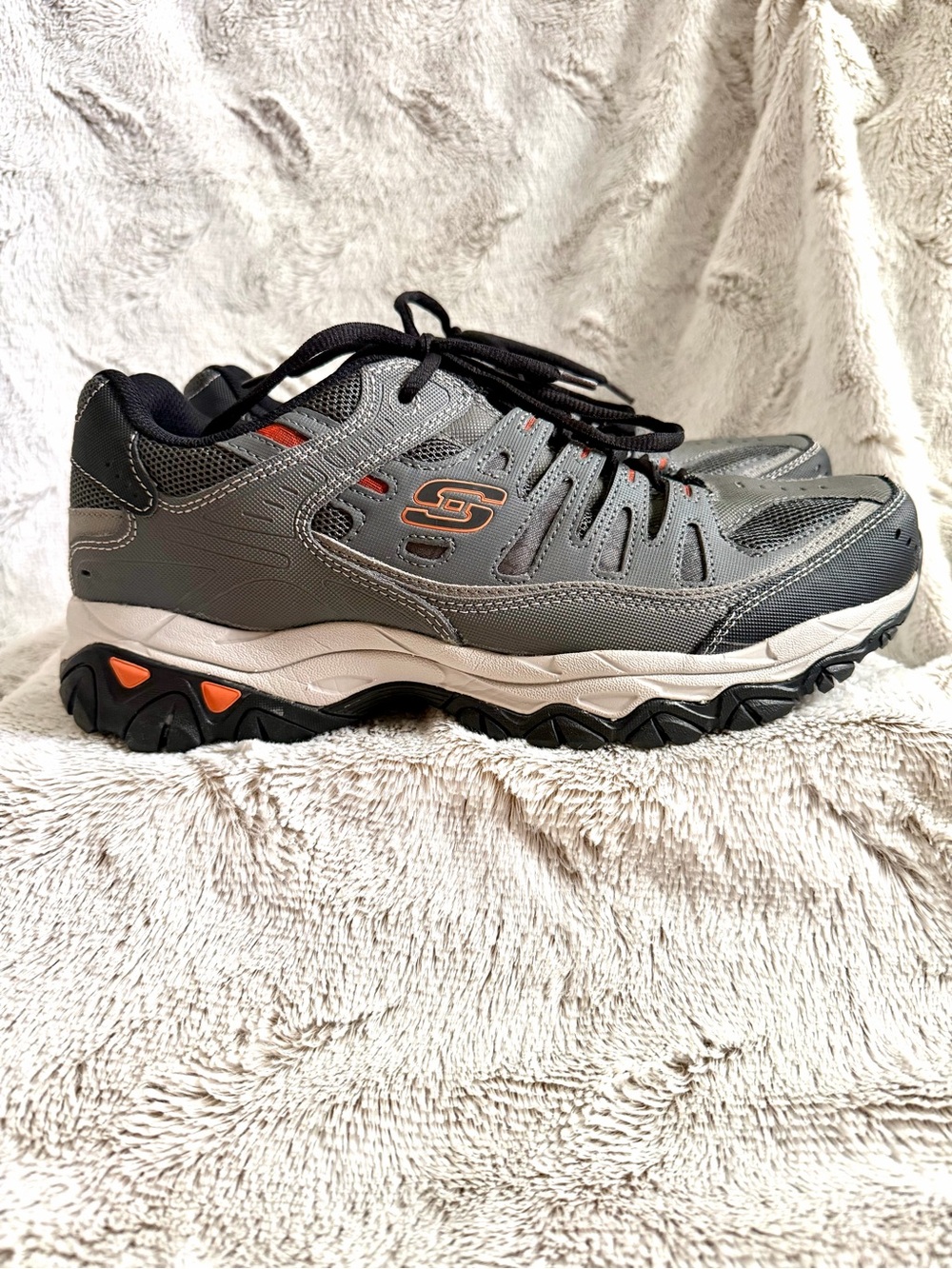 Skechers Men’s Gray and Black Outdoor Trail Sneakers with Orange Accents - Picture 2 of 9